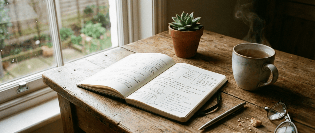 Open notebook on desk symbolizing simple daily action - Marketing for Older Folks Open notebook on desk symbolizing simple daily action