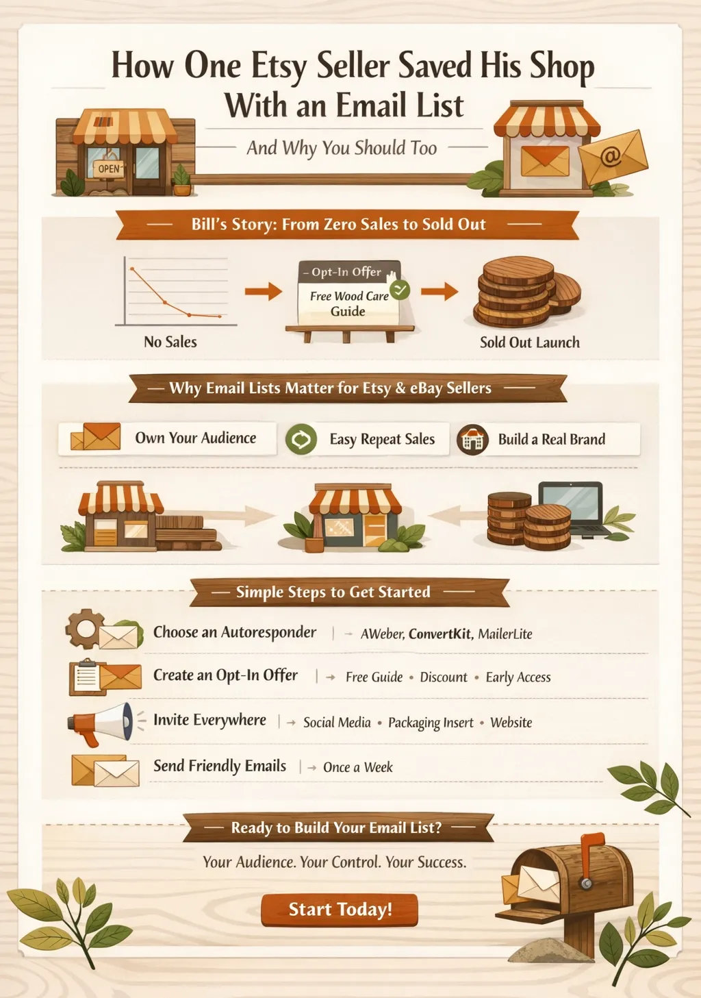 Clean infographic showing how an Etsy seller grew sales by building an email list, with simple steps and benefits for Etsy and eBay sellers