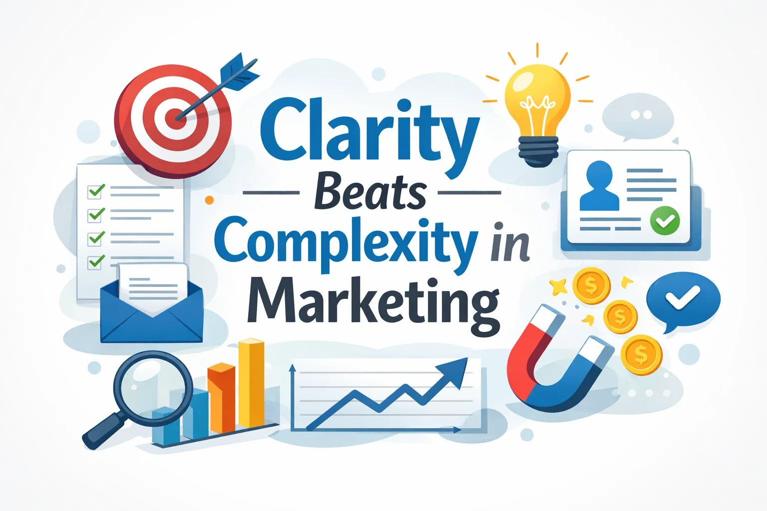 Clean marketing illustration with icons, charts, and symbols showing clarity in messaging, representing the Grocery Store Aisle Test concept