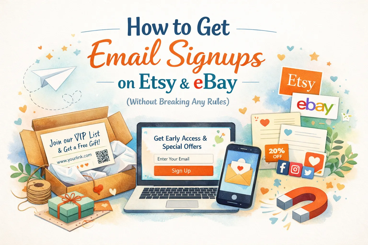 Creative workspace showing how to get email signups on Etsy and eBay with laptop, smartphone, and thank-you card