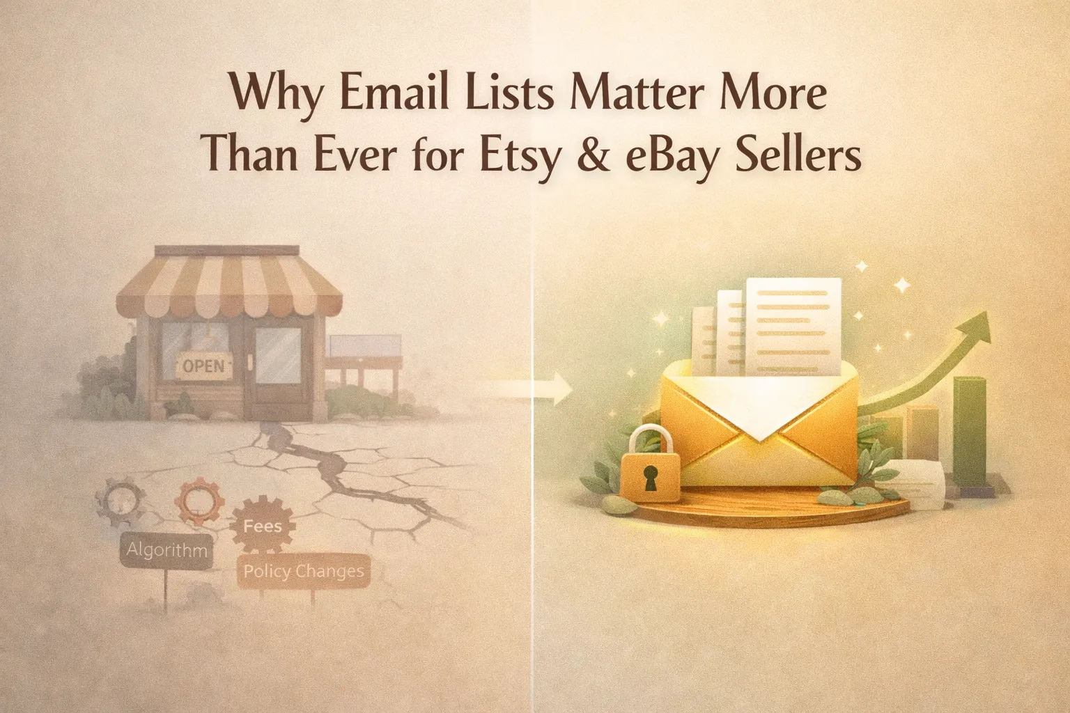 Feature image showing a fading Etsy-style shop contrasted with a secure email inbox representing audience ownership and stable sales growth