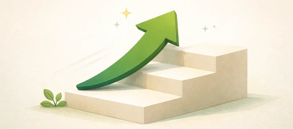 Green arrow ascending stairs symbolizing taking the next step - Marketing for Older Folks Green arrow ascending stairs symbolizing taking the next step