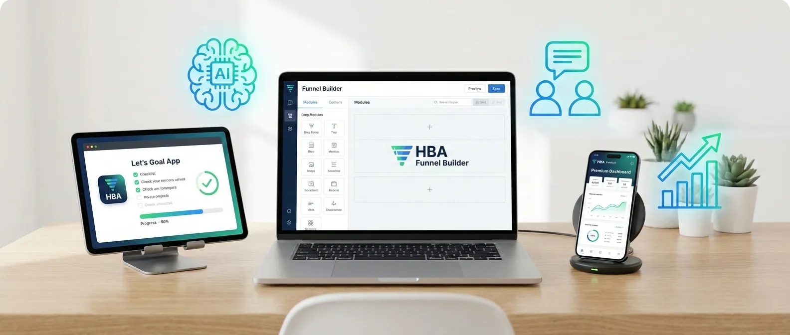 HBA tools on devices showing Funnel Builder and Lets Goal App - Marketing for Older Folks Home Business Academy tools on devices showing Funnel Builder and Lets Goal App