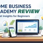 Home Business Academy review with laptop and business tools