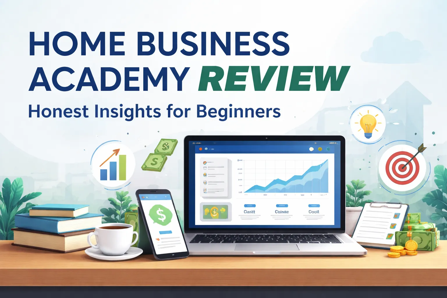 Home Business Academy review with laptop and business tools