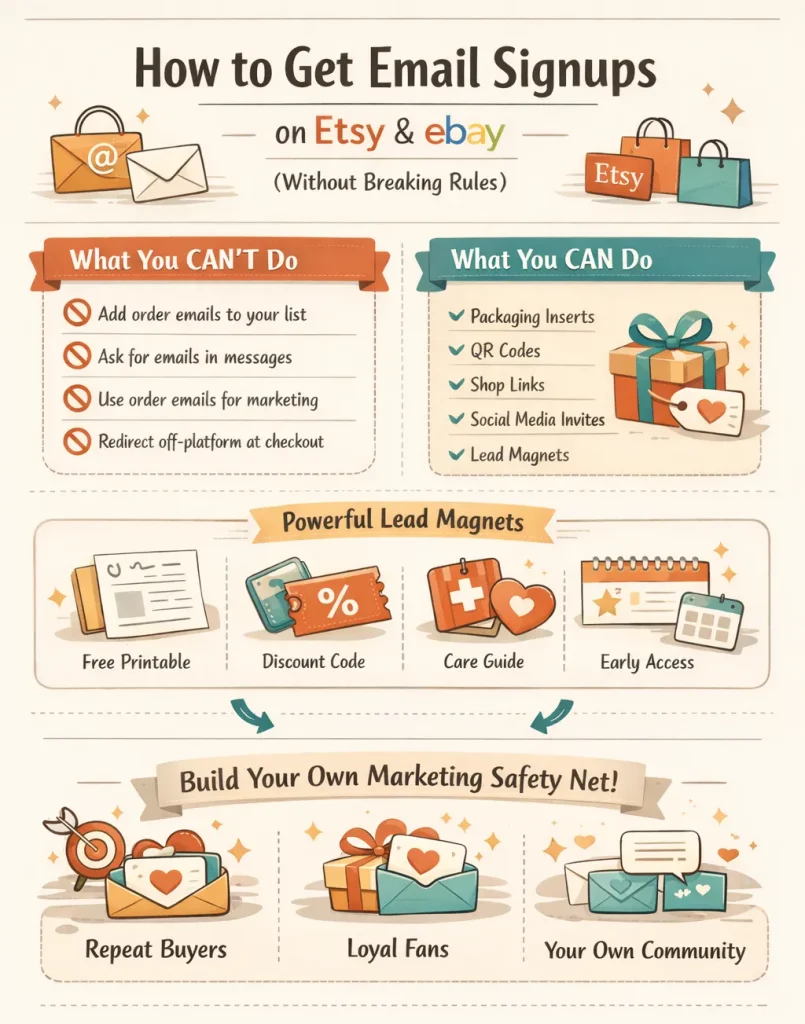 Infographic showing strategies for email signups on Etsy and eBay, including dos and don'ts, lead magnets, and building repeat buyers, loyal fans, and a community