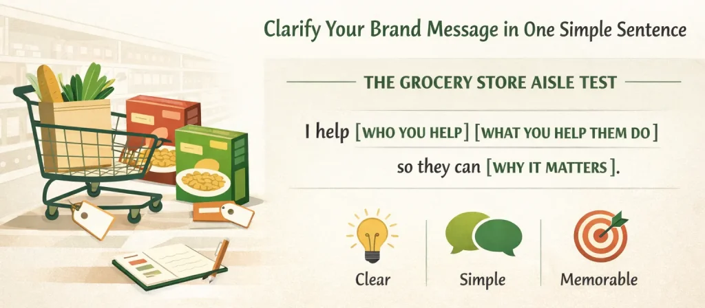 banner showing the Grocery Store Aisle Test framework for creating a clear one-sentence brand message - Marketing for Older Folks banner showing the Grocery Store Aisle Test framework for creating a clear one-sentence brand message