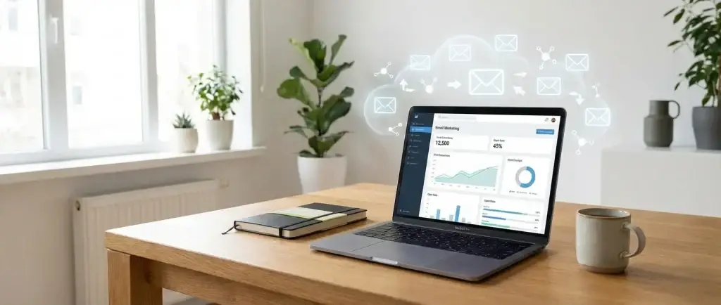AWeber for Network Marketing dashboard on a laptop showing email and network icons for simple marketing setup