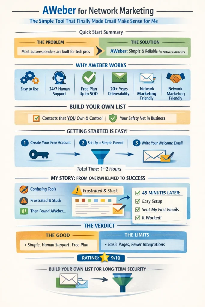 Infographic showing how AWeber for Network Marketing helps build email lists, simplify setup, and improve deliverability