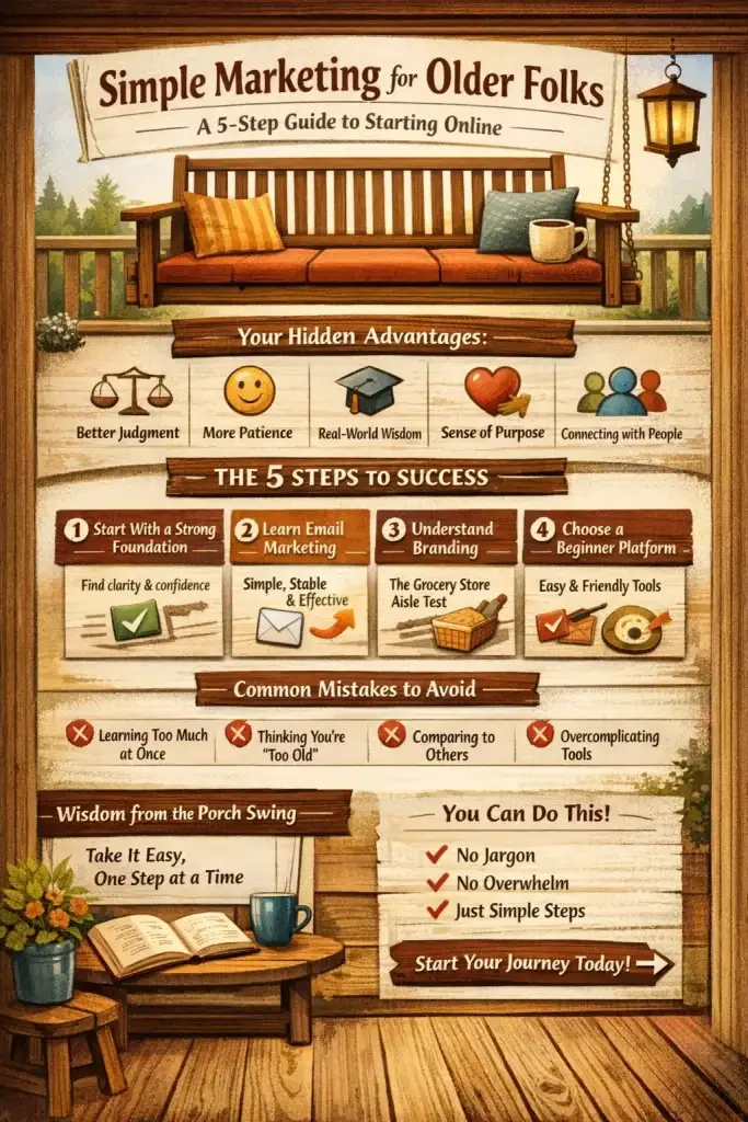 Simple Marketing for Older Folks infographic showing a gentle 5-step beginner marketing system with email, branding, and easy platforms