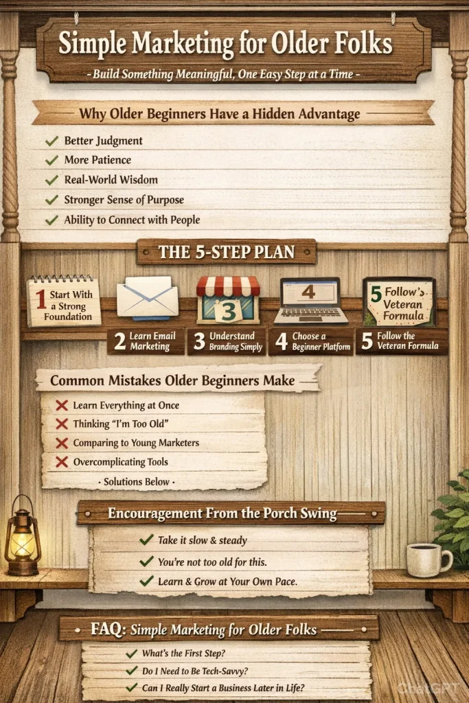 Simple Marketing for Older Folks infographic showing a gentle 5-step beginner marketing system with email, branding, and easy platforms