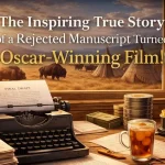 Inspirational success stories feature image - cinematic workspace with typewriter and Oscar statue overlooking Western landscape at sunset