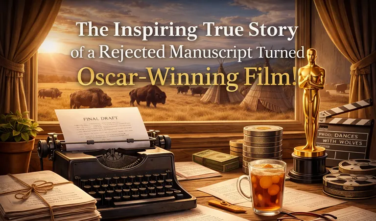 Inspirational success stories feature image - cinematic workspace with typewriter and Oscar statue overlooking Western landscape at sunset