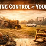taking control of your life concept with rustic porch, tractor, and basketball scene at sunset