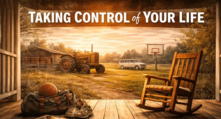 taking control of your life concept with rustic porch, tractor, and basketball scene at sunset